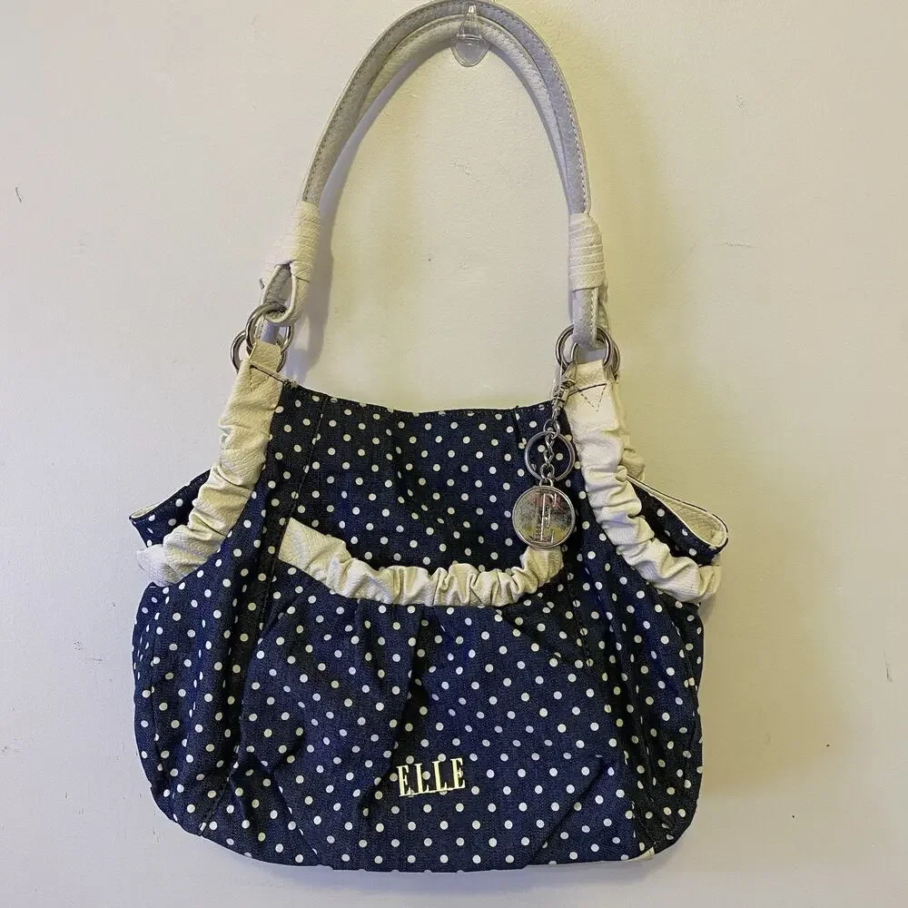 Elle Purse Shoulder Bag Hobo Bohemian NavyBlue Polka Dots White FauxLeather Y2K - Picture 4 of 7